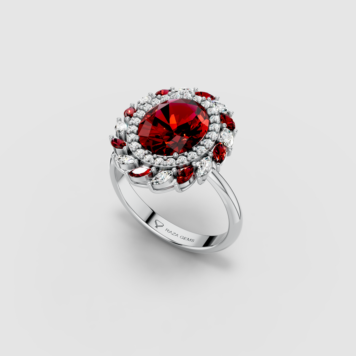 Olivia - Solid 18K Gold Oval Ruby & Marquise Moissanite Cluster Ring