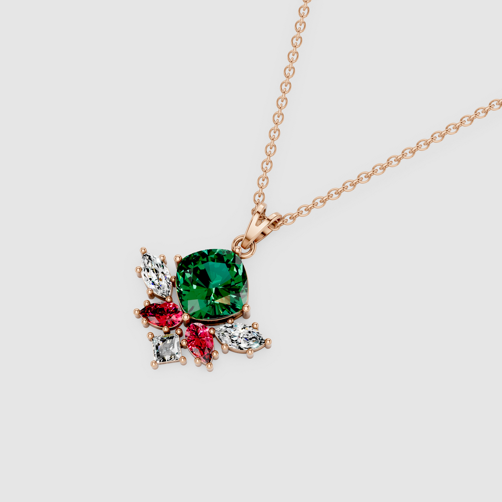 Amelia – 18K Gold Cushion Emerald Cluster Pendant with Ruby & Marquise Moissanite