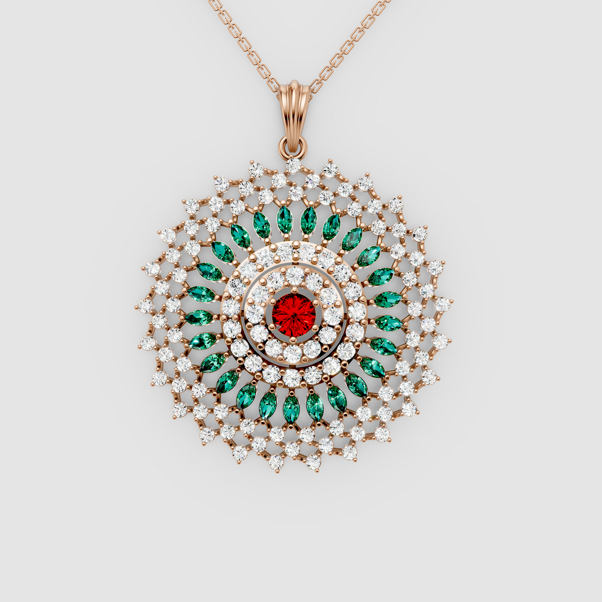 Imperia – 18K Gold Royal Rosette Medallion Pendant with Ruby, Emerald & Moissanite
