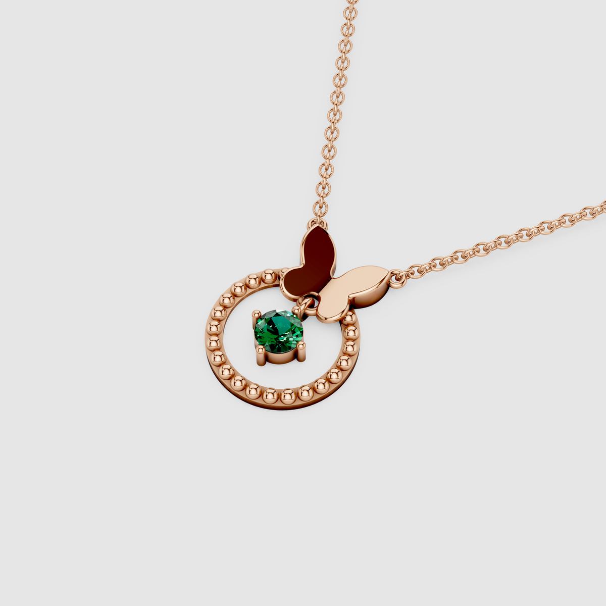 Bella – 18K Gold Butterfly & Beaded Circle Pendant with Hanging Emerald