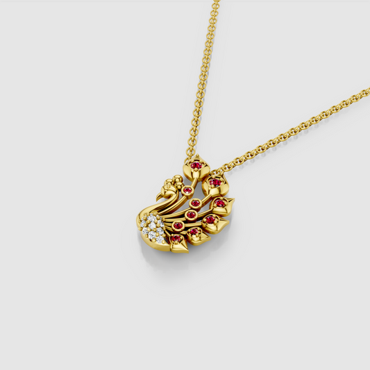 Carol - 18K Gold Peacock Feather Ruby & Moissanite Pendant (Pendant Only)"
