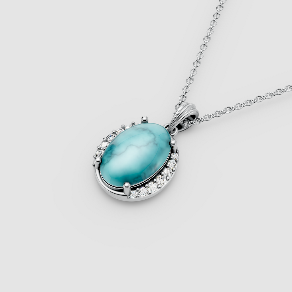 Mary - 18K Gold Oval Turquoise (Firoza) Pendant with Moissanite Accents"