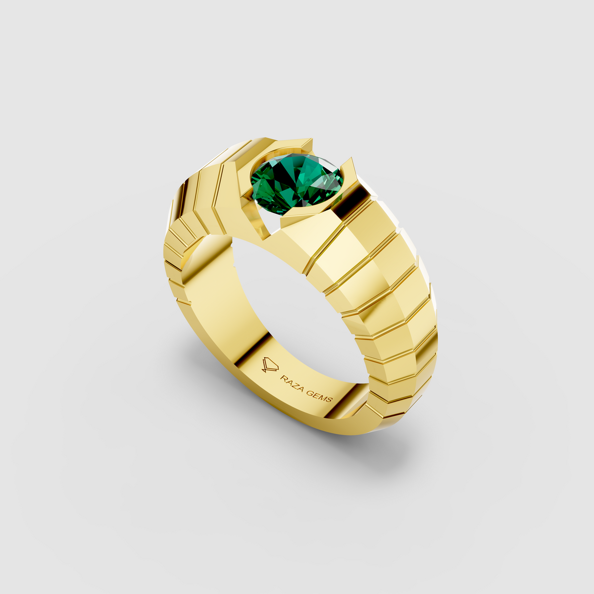 Elisa - 18K Gold Round Emerald Tension-Style Signet Ring