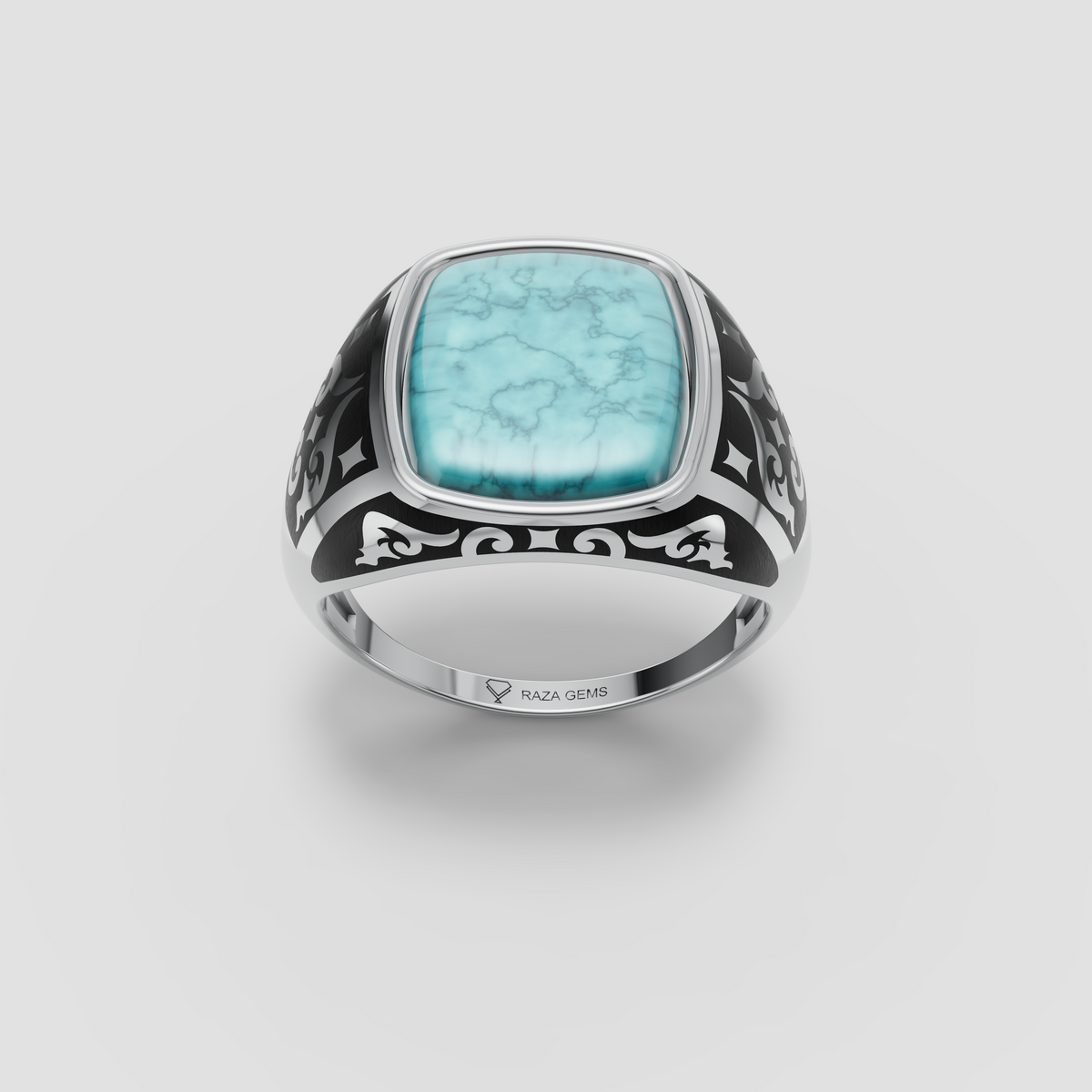 Aria – Cushion Turquoise Ring with Vintage Black Enamel in 18KT Gold