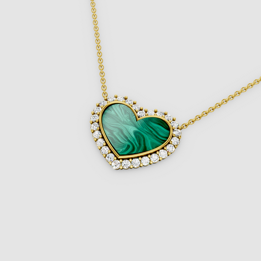 Lisa - 18K Gold Heart Malachite Pendant with Moissanite Halo (Pendant Only)"