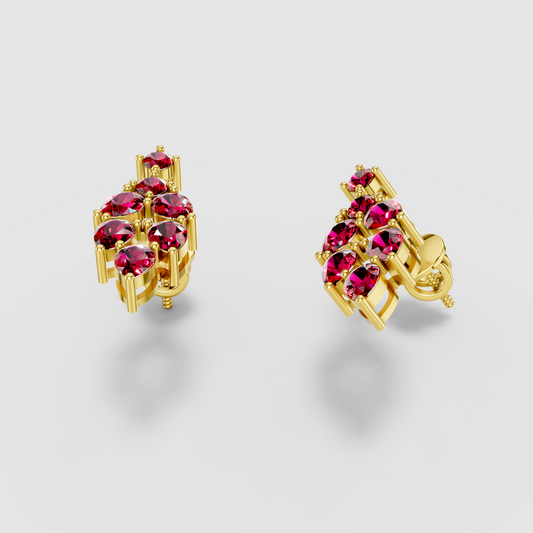 Nicole - Solid 18K Gold Pear & Round Ruby Cluster Dangle Earrings"