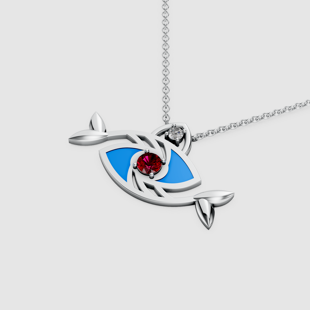 Elena – 18K Gold Evil Eye Fish Enamel Pendant with Ruby & Moissanite