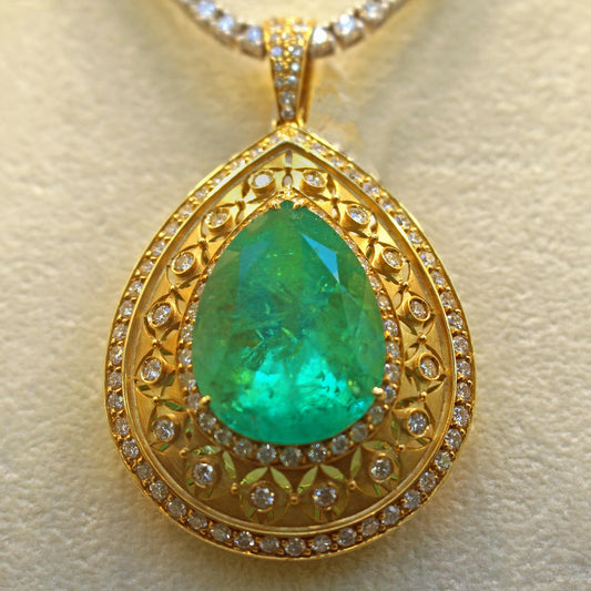 Green Emerald With 18K Yellow Gold Pear Shape Pendant Only (PEN0128)