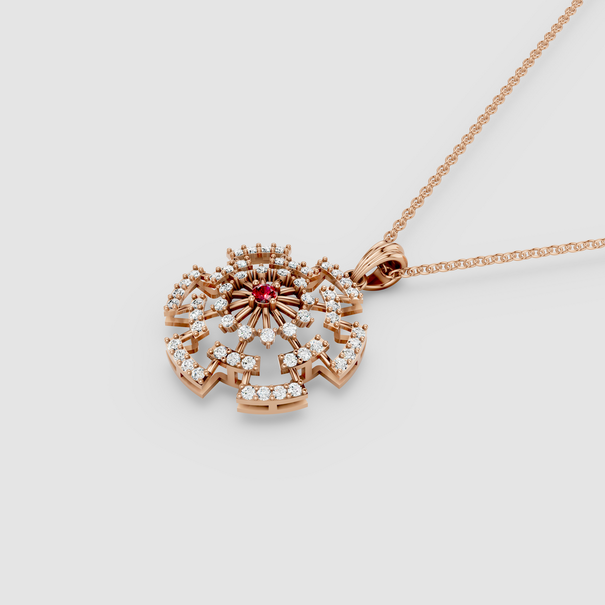 Arabella – Center Ruby Sunburst Wheel Pendant with Moissanite in 18KT Gold