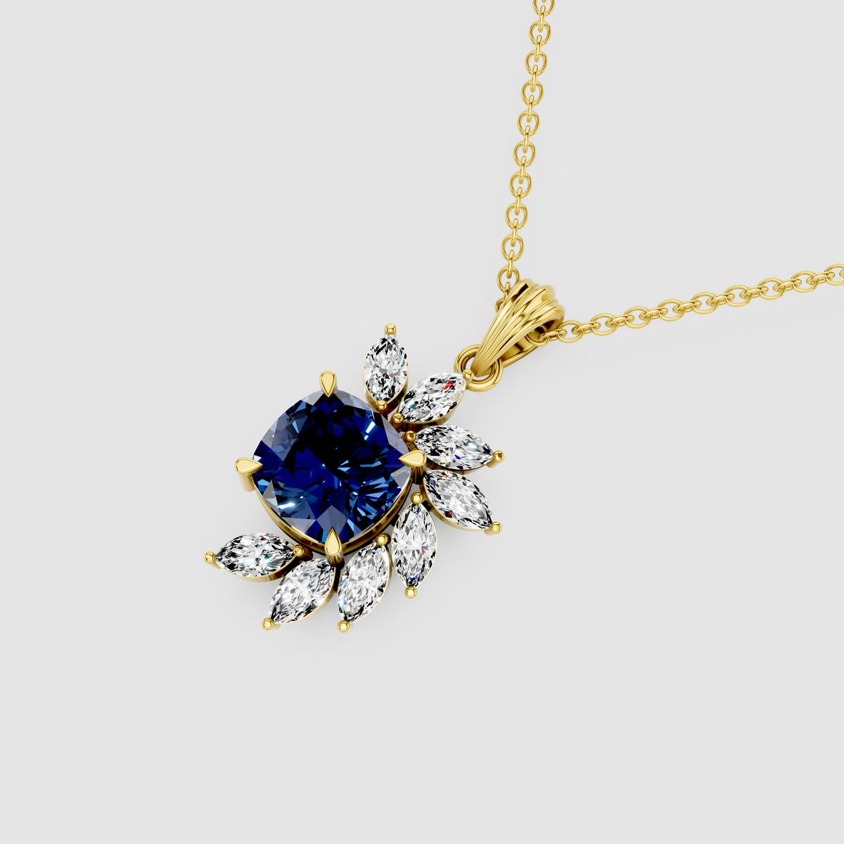 Diana – 18K Gold Cushion Blue Sapphire & Marquise Moissanite Cluster Pendant