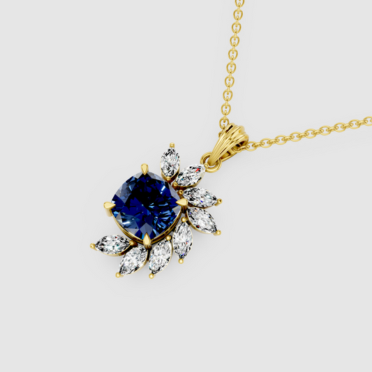 Diana – 18K Gold Cushion Blue Sapphire & Marquise Moissanite Cluster Pendant