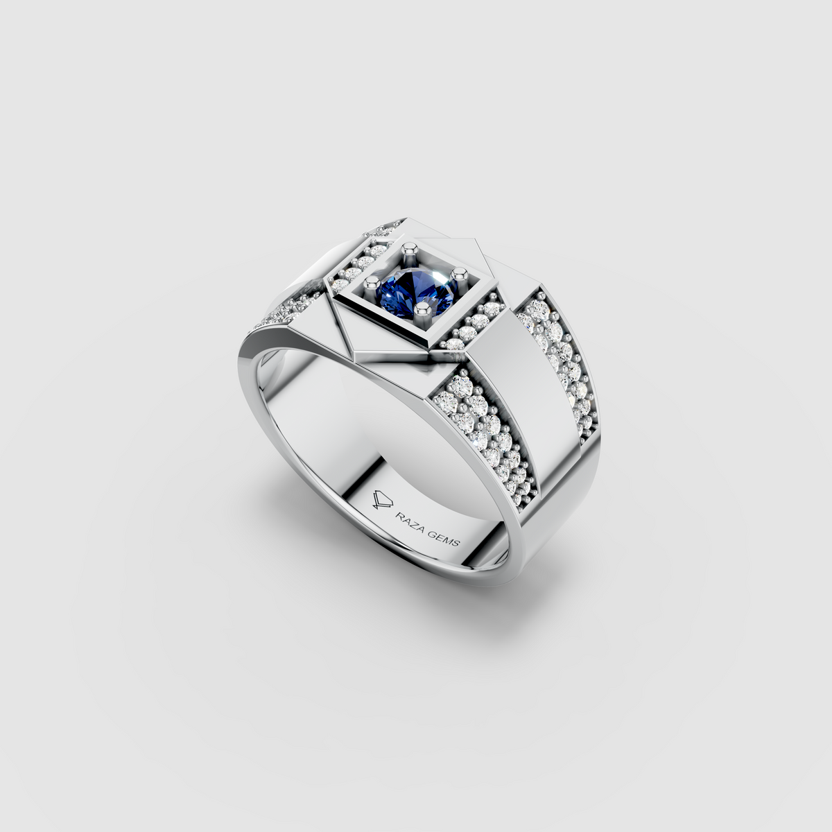 Hazel - Solid 18K Gold Blue Sapphire Square Focal & Pavé Moissanite Band