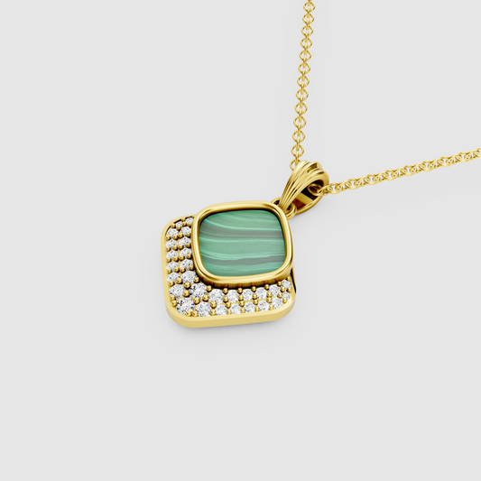 Olivia – 18K Gold Cushion Malachite & Moissanite Diamond-Frame Pendant