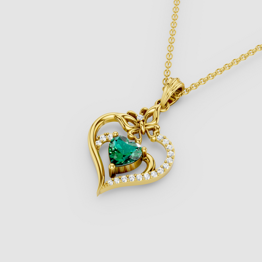 Olivia - 18K Gold Heart Emerald & Butterfly Moissanite Pendant (Pendant Only)"