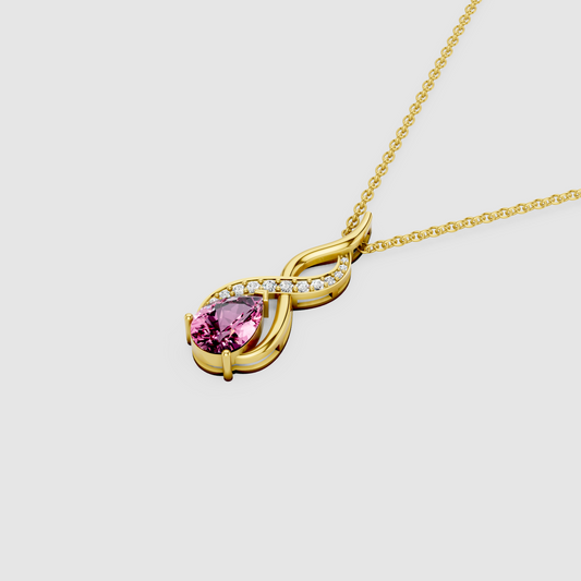 Serenity – Pear-Cut Pink Sapphire Swirl Pendant with Moissanite in 18KT Gold