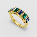 Evelyn - 18K Gold Emerald-Cut Emerald & Blue Sapphire Moissanite Band
