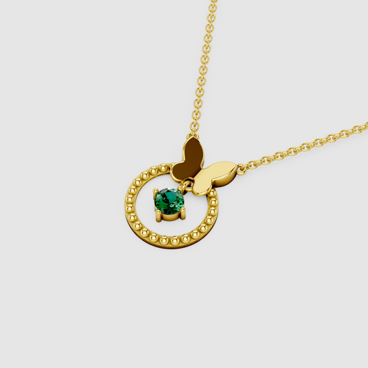 Bella – 18K Gold Butterfly & Beaded Circle Pendant with Hanging Emerald