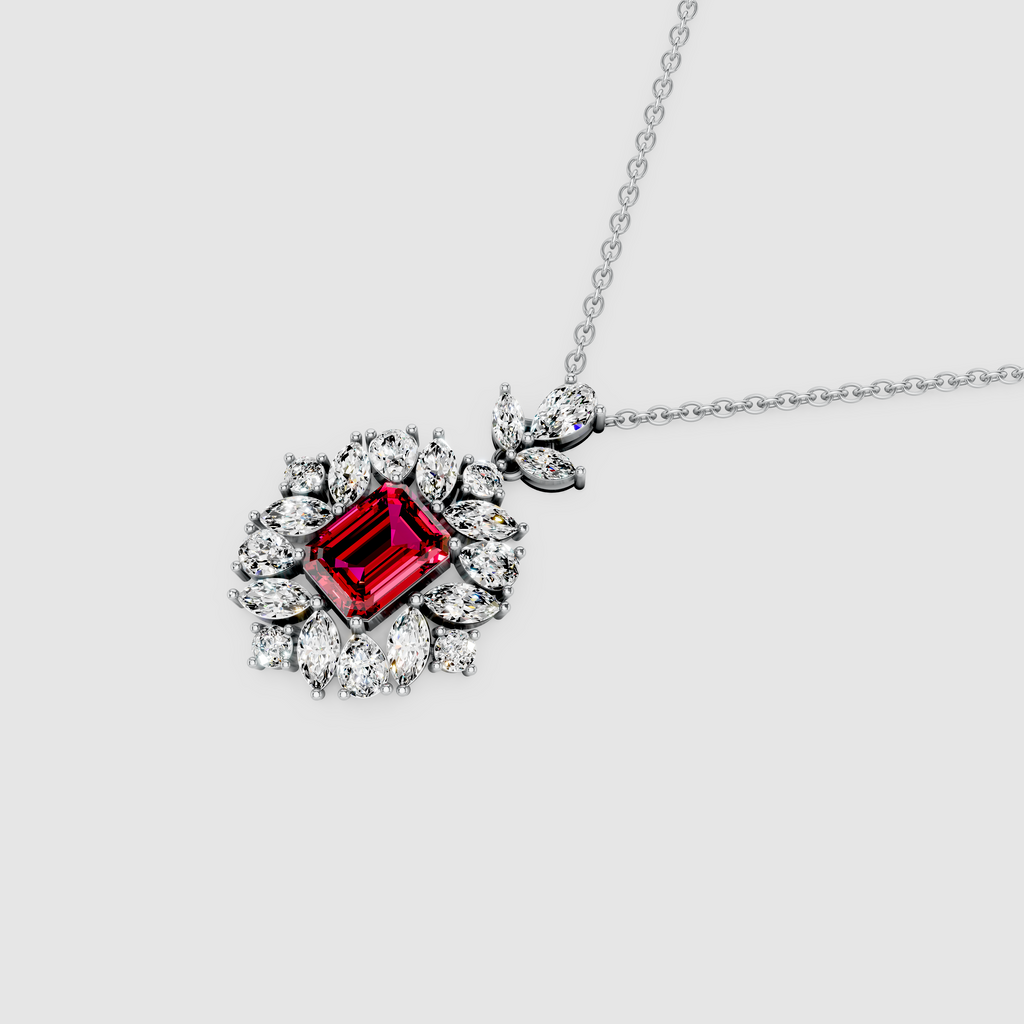 Vintage Charlotte – Emerald Cut Ruby Statement Pendant with Moissanite Sunburst Halo in 18KT Gold