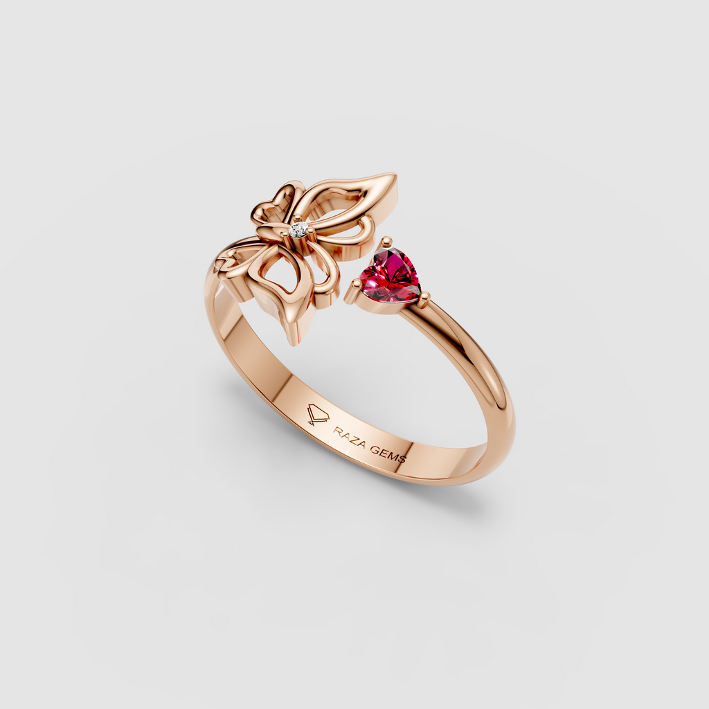 Hazel – 18K Gold Heart Ruby & Moissanite Butterfly Bypass Ring