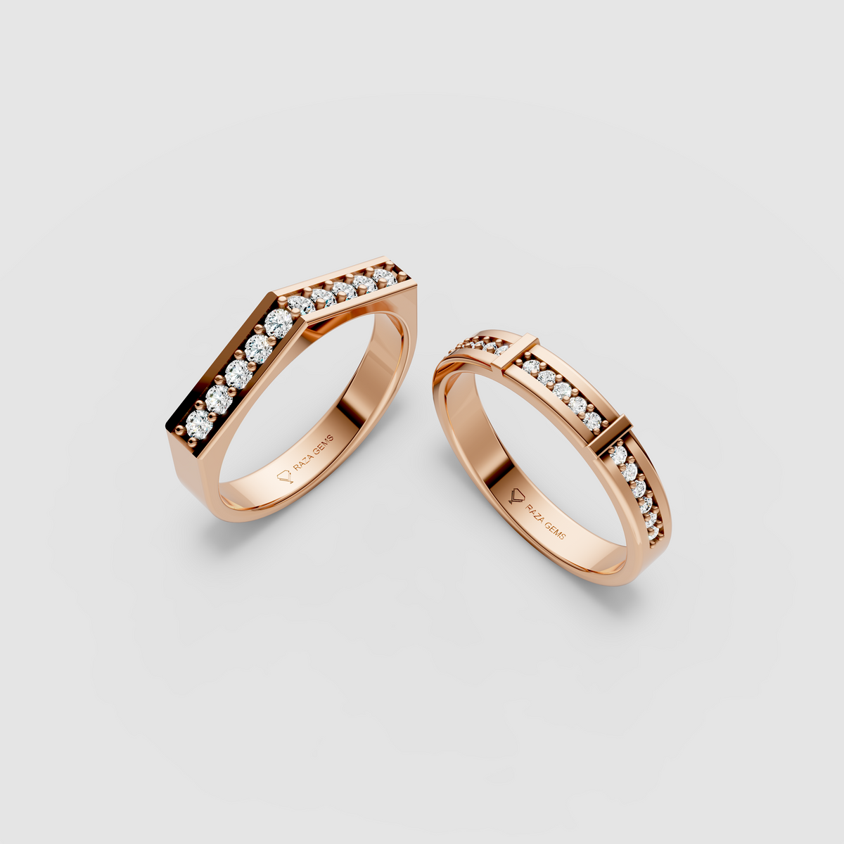 Isabelle – 18K Solid Gold Moissanite Chevron & Channel Couple Band Set