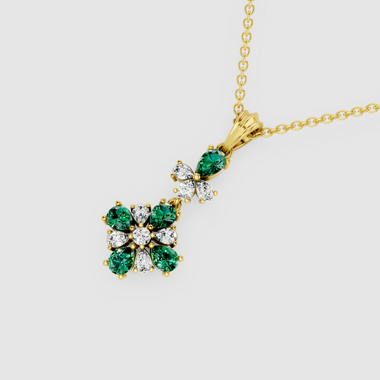 Regal Maya – Vintage-Inspired Emerald & Moissanite Cluster Drop Pendant in 18KT Gold