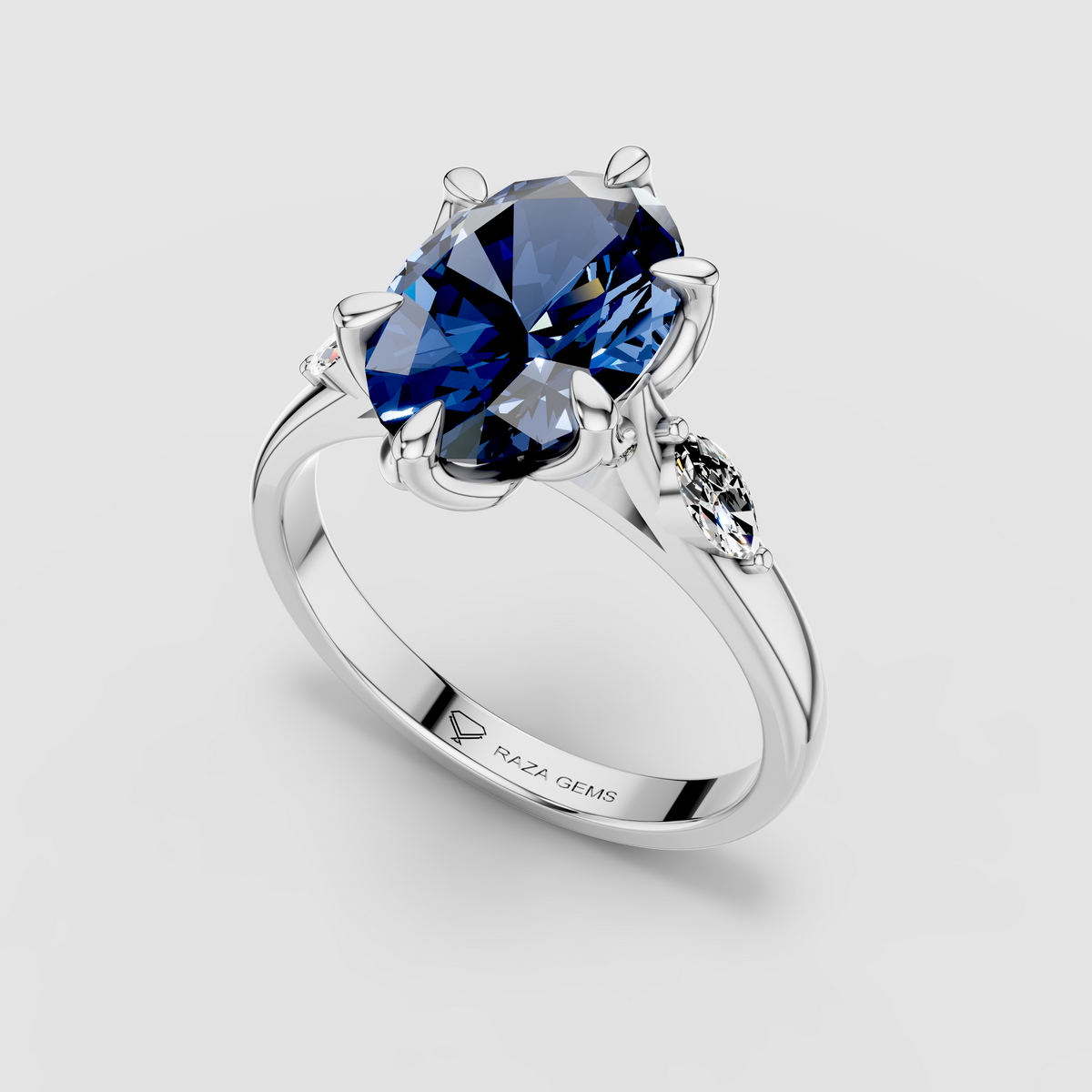 Charlotte - Solid 18K Gold Oval Blue Sapphire with Marquise Moissanite Side Stones"