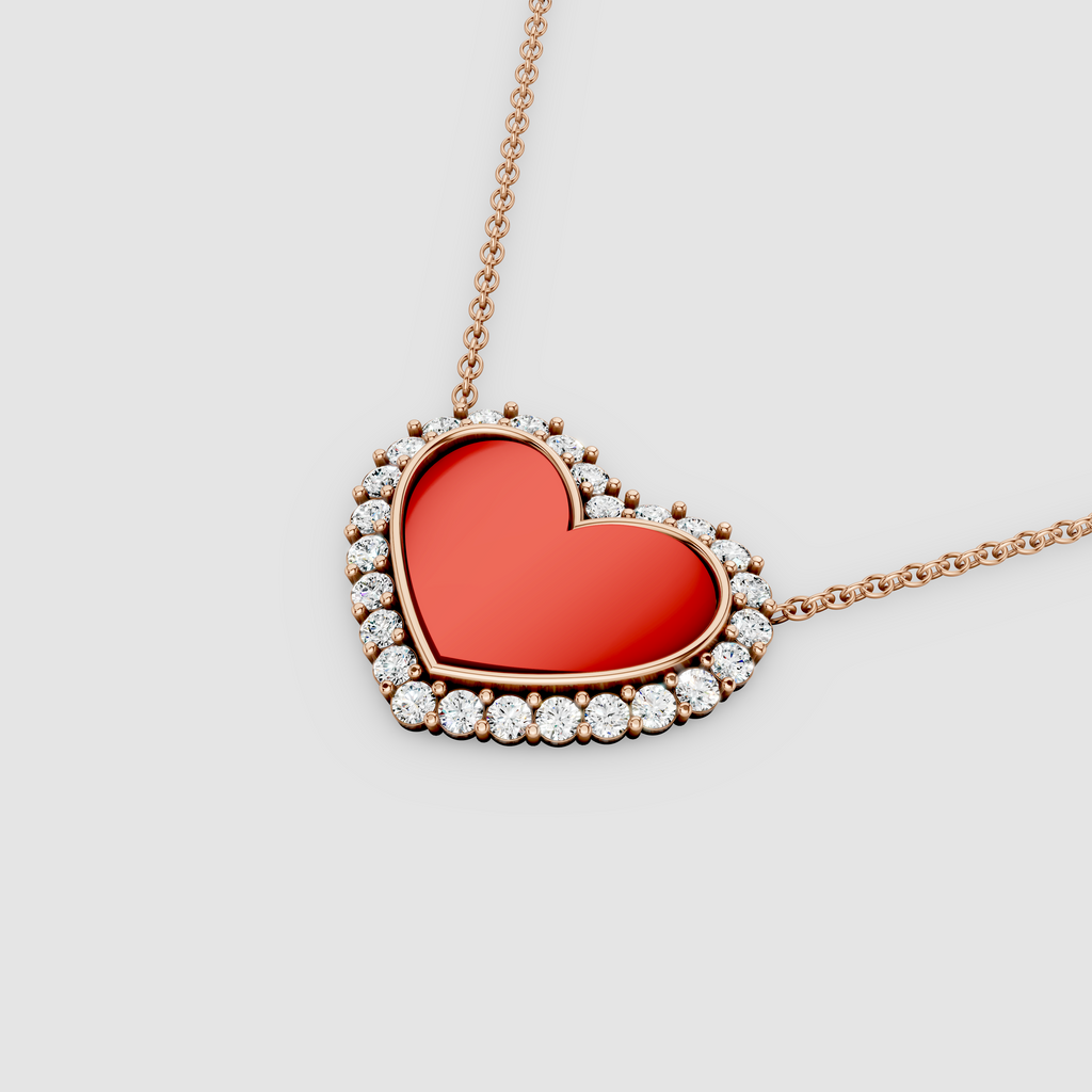 Nancy - 18K Gold Red Agate Heart Pendant with Moissanite Halo (Pendant Only)"