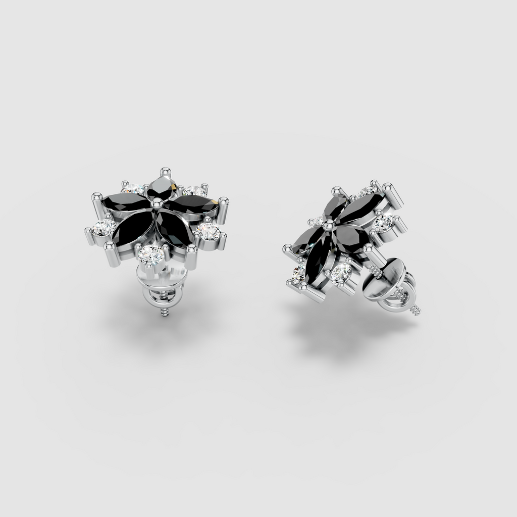 Susan - Black Spinel & Moissanite Flower Earrings in 18K Gold