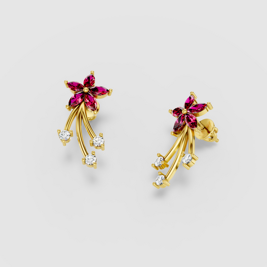 Sandra - 18K Gold Ruby Flower & Cascading Moissanite Drop Earrings"