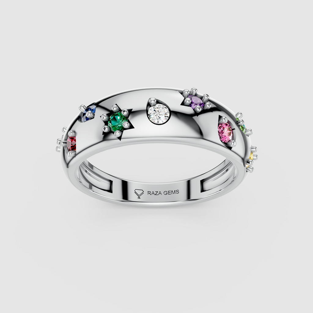 Maisie – Starburst Multi-Color Gemstone Dome Band in 18KT Gold