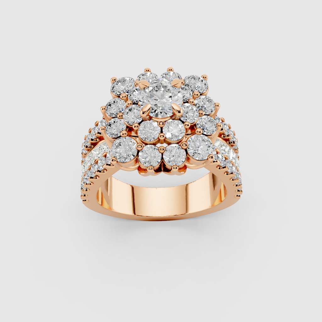 Elsie - 18K Solid Gold Flower Cluster Moissanite Statement Ring with Triple-Row Band