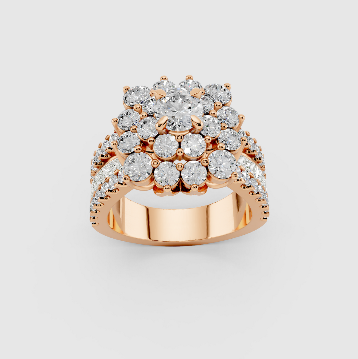 Elsie - 18K Solid Gold Flower Cluster Moissanite Statement Ring with Triple-Row Band