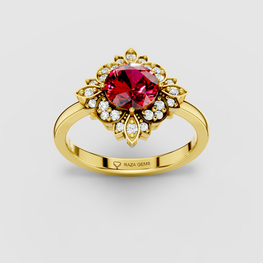 Grace – Round Ruby & Moissanite Petal Halo Ring in 18KT Gold