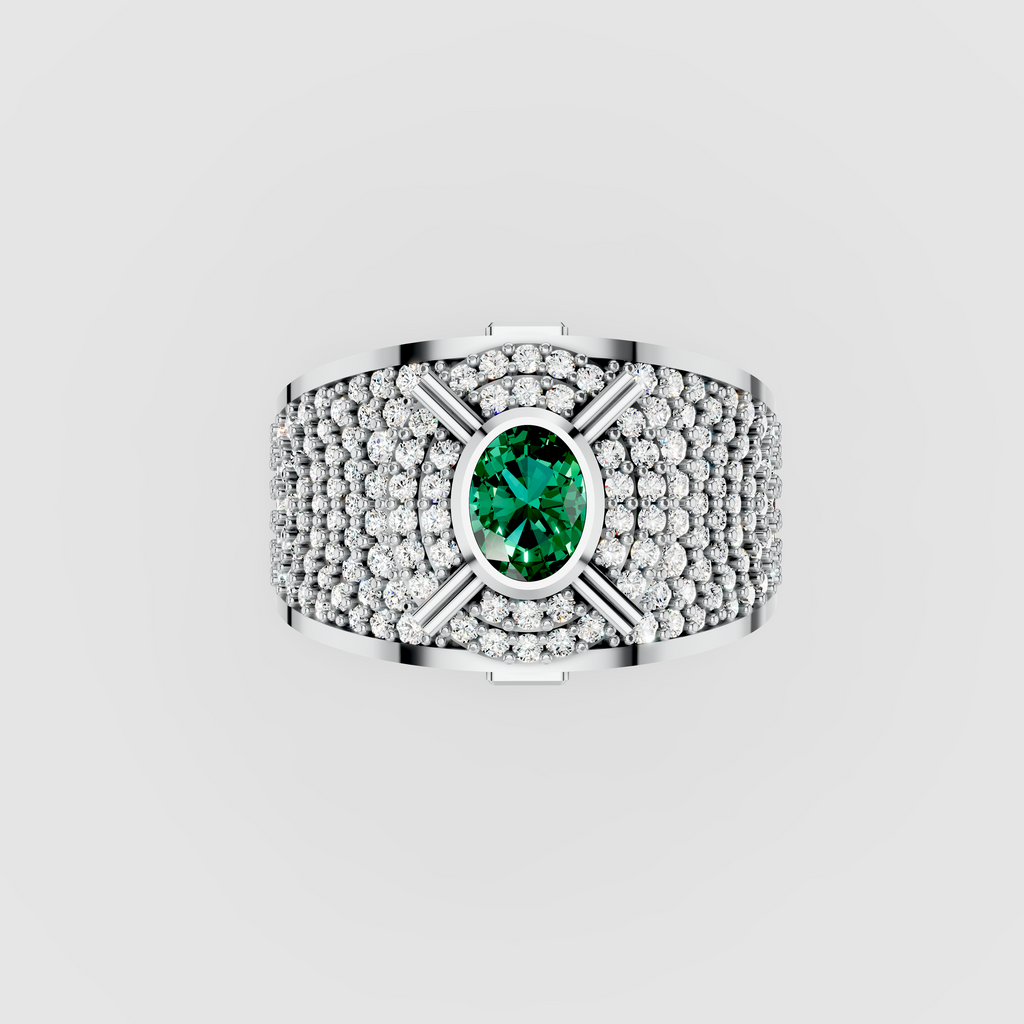 Camille - Solid 18K Gold Round Emerald, Moissanite Pavé & Blue Sapphire Ring