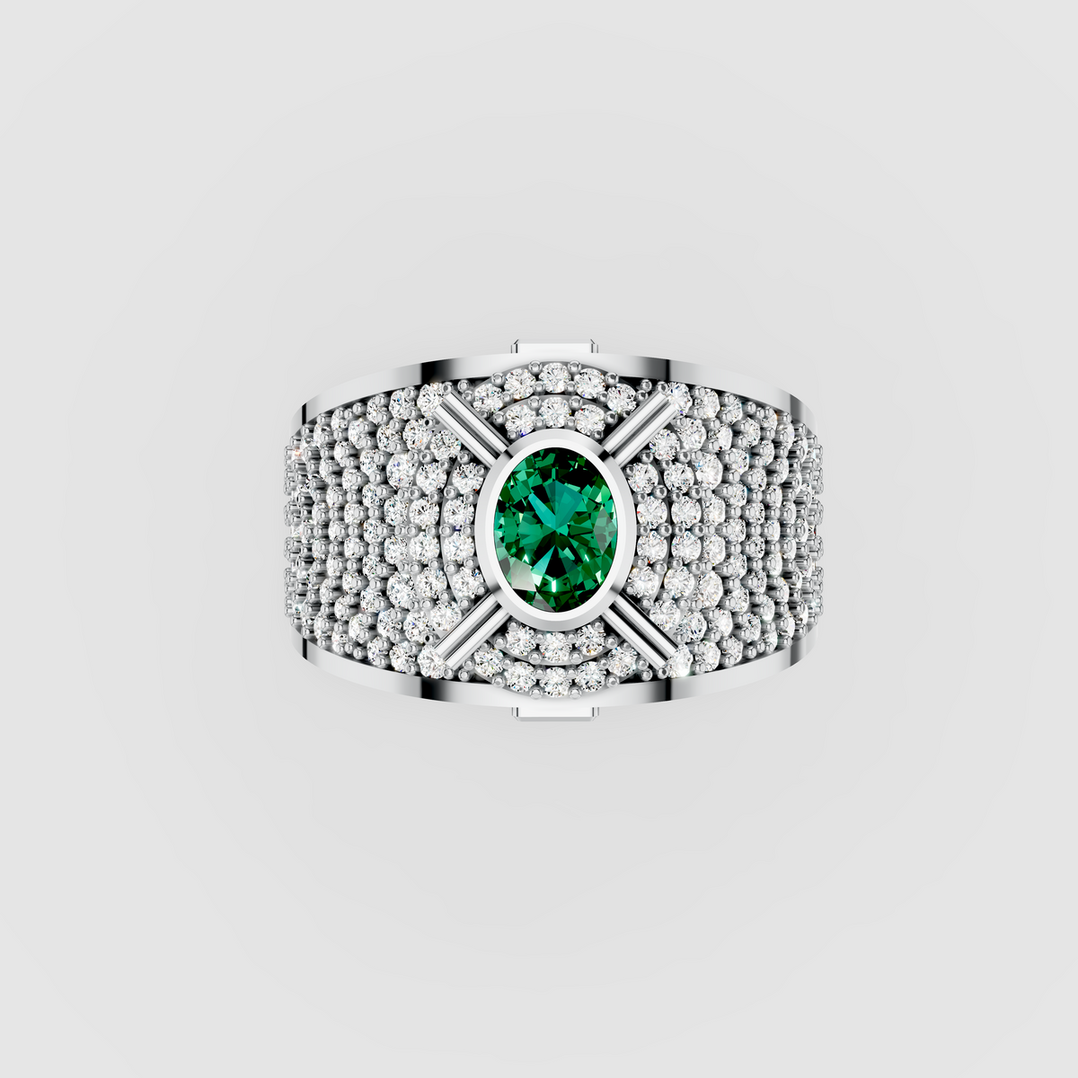 Camille - Solid 18K Gold Round Emerald, Moissanite Pavé & Blue Sapphire Ring
