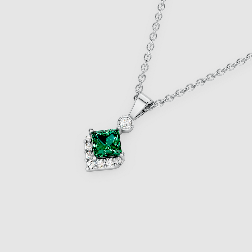 Princess Cut Emerald & Moissanite Pendant in 18K Solid Gold | Yellow, White, Rose Gold
