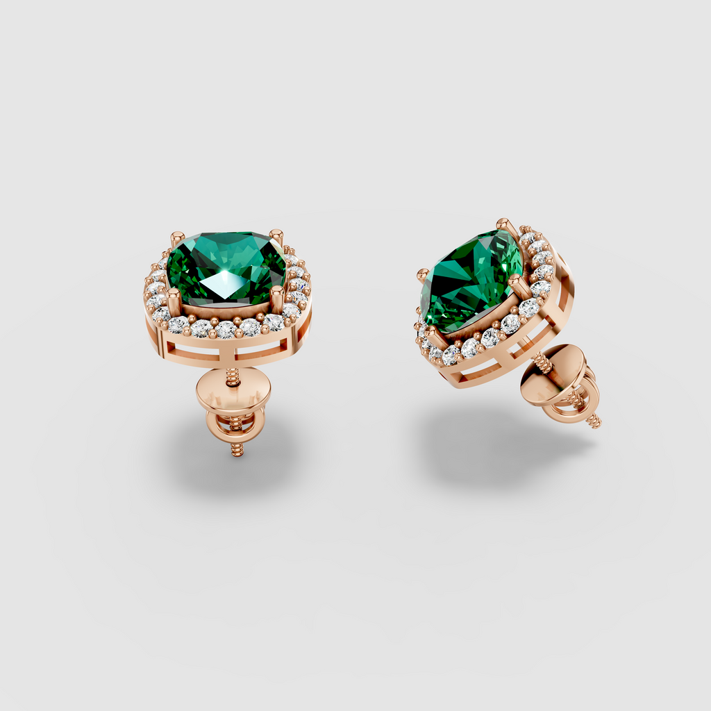 Kimberly - Solid 18K Gold Cushion Emerald with Moissanite Halo Earrings"