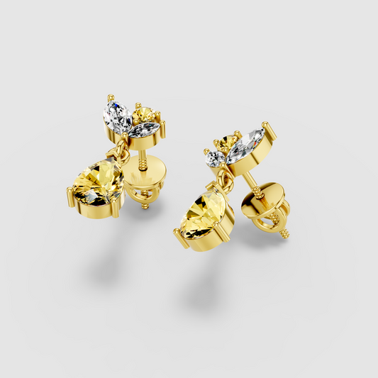 Brenda - 18K Gold Pear Yellow Sapphire & Moissanite Leaf Earrings
