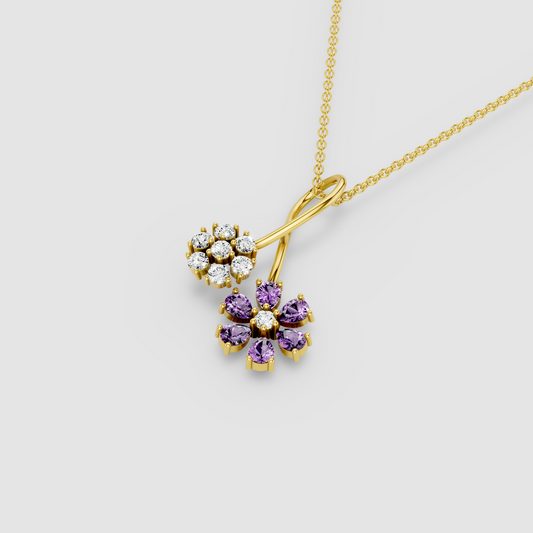 Melissa - Solid 18K Gold Amethyst & Moissanite Twin Floral Twist Pendant"