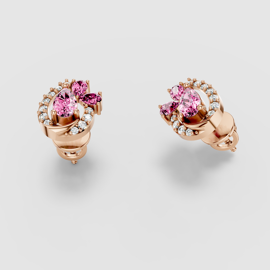Shirley - Solid 18K Gold Pink Sapphire Cluster & Moissanite Swirl Earrings