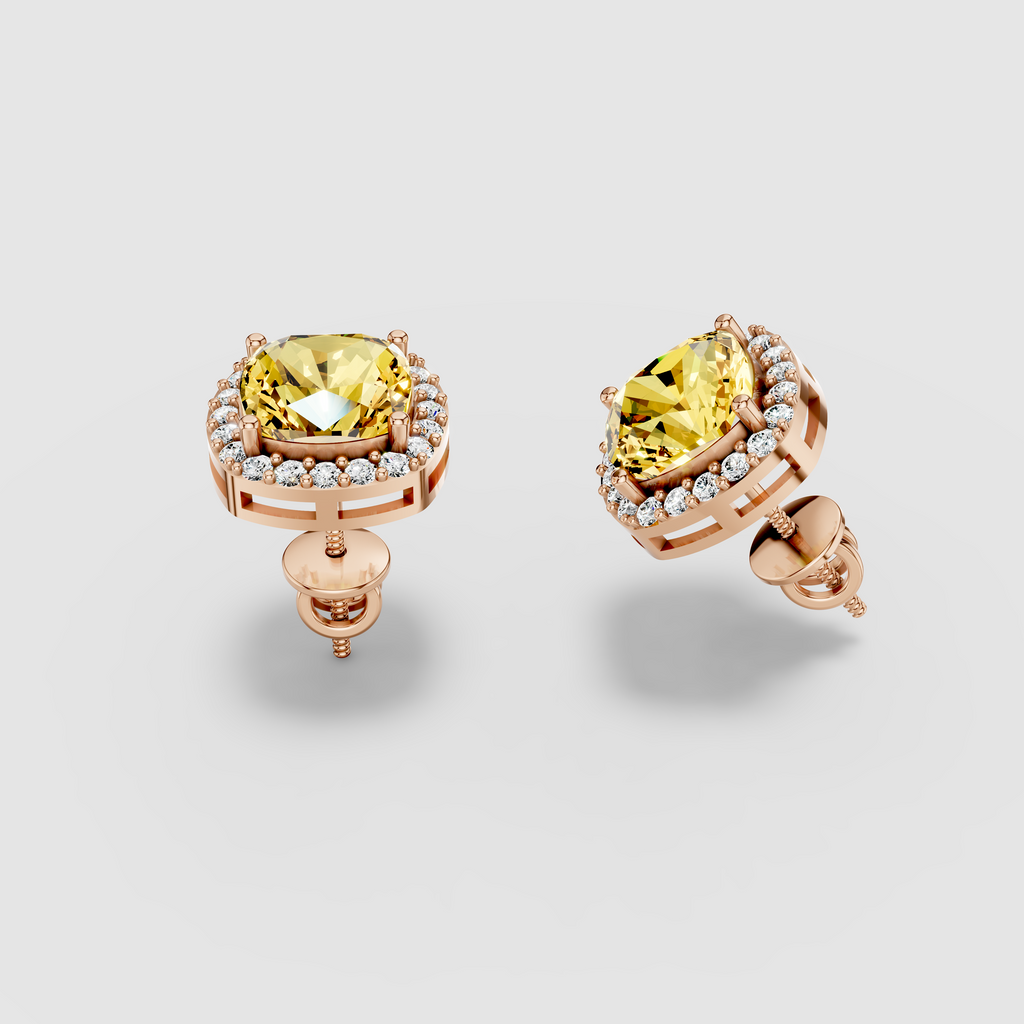 Donna - Solid 18K Gold Cushion Yellow Sapphire with Moissanite Halo Earrings"