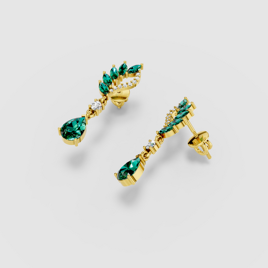Angela - 18K Gold Marquise & Pear Emerald with Moissanite Earrings"