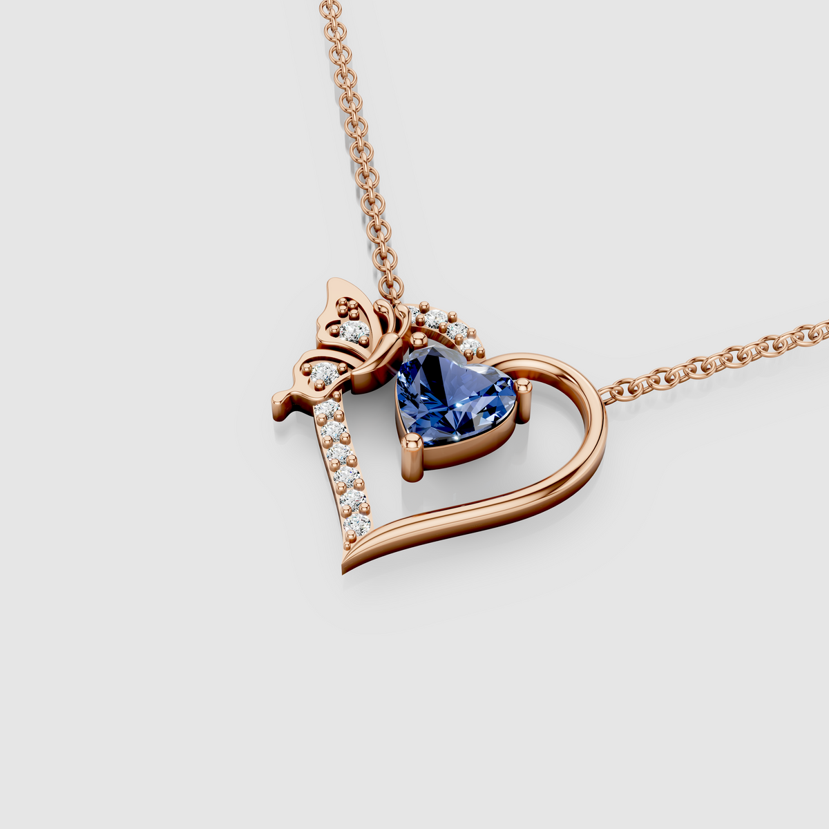 Anna - Solid 18K Gold Heart-Cut Blue Sapphire & Butterfly Drop Pendant"