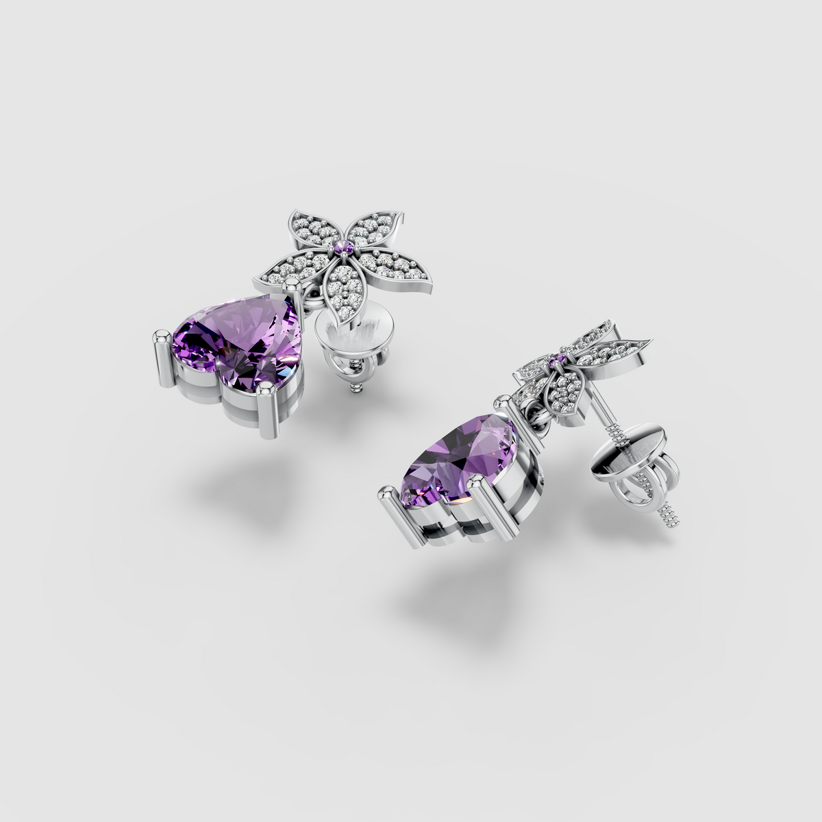 Emma - Regal Bloom 18K Gold Amethyst Heart and Sparkling Moissanite Dangle Earrings