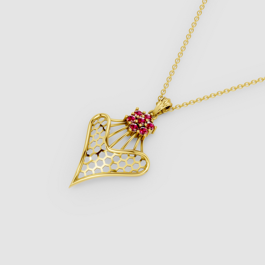Grace – Ruby Floral Cluster & Lattice Heart Pendant in 18KT Gold