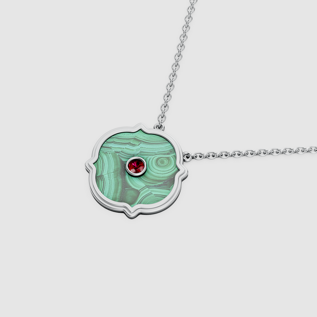 Sophia – 18K Gold Scalloped Malachite Medallion Pendant with Ruby Center Stone