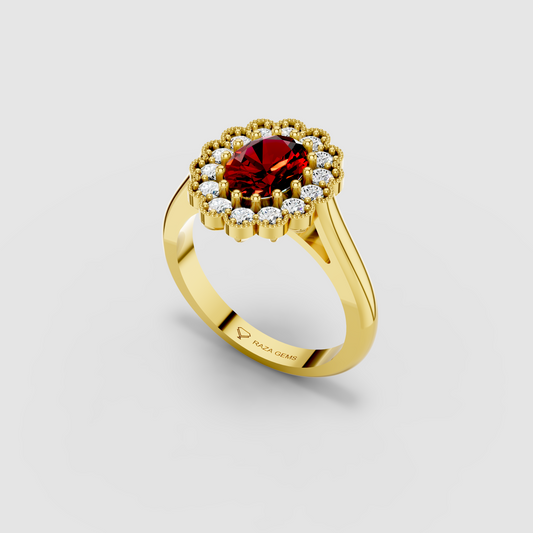 Mia - 18K Gold Oval Ruby & Scalloped Moissanite Halo Ring