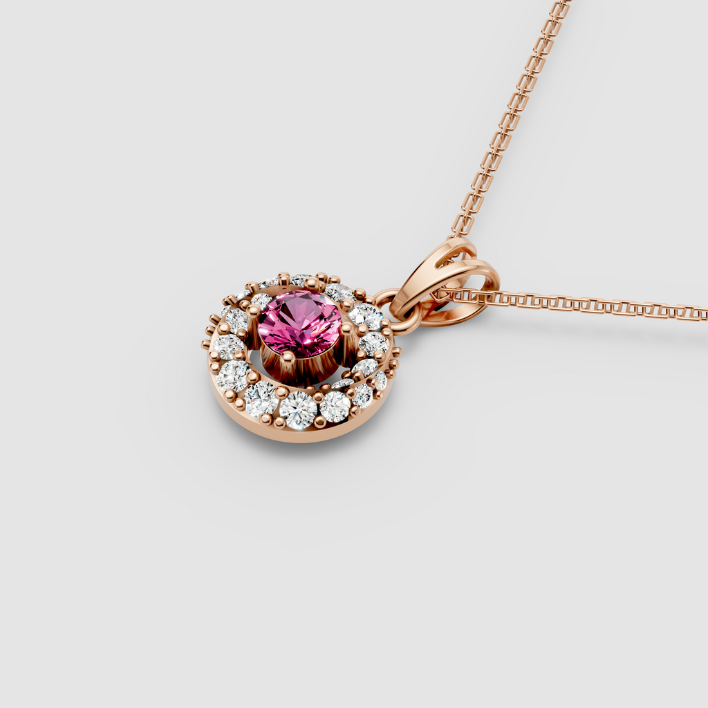 Daisy – Round Pink Sapphire Solitaire Halo Pendant with Moissanite in 18KT Gold