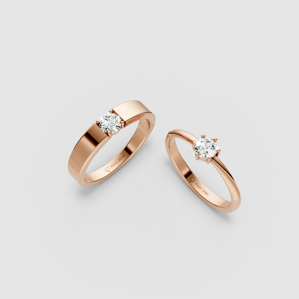 Emily – 18K Solid Gold Round Moissanite Solitaire Couple Band Set