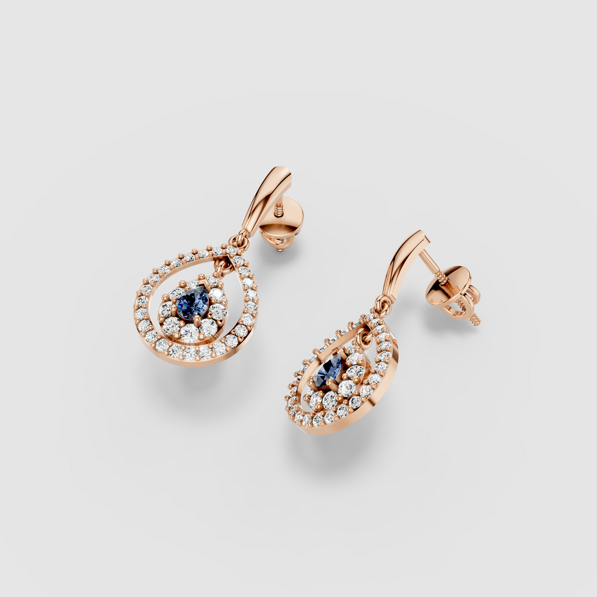Linda - 18K Gold Pear Blue Sapphire & Double Moissanite Halo Teardrop Drop Earrings"